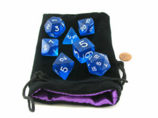 Koplow RPG Dice Set: Transparent Dice Set in Bag - Blue with White Numbers