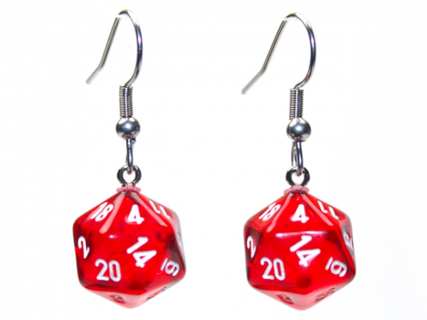 Hook Earrings: Translucent Red Mini-Poly d20 Pair