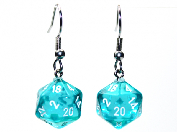 Hook Earrings: Translucent Teal Mini-Poly d20 Pair