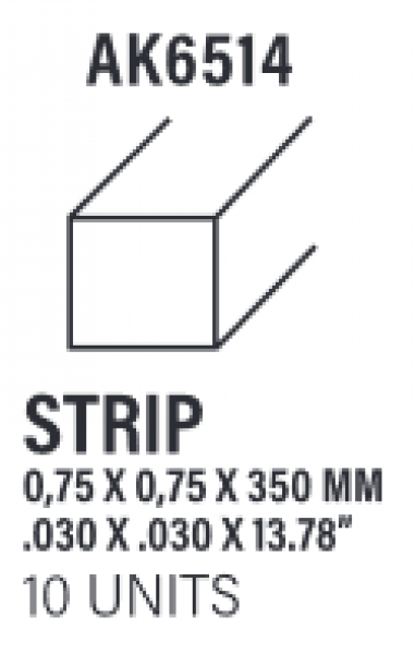 AK-Interactive: (Accessory) Styrene Strips 0.75 x 0.75 x 350mm (10)
