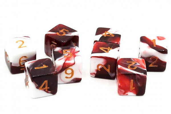 Old School RPG Dice Set: 16mm Vorpal d6 - Blood Red & White w/ Gold (8ct)