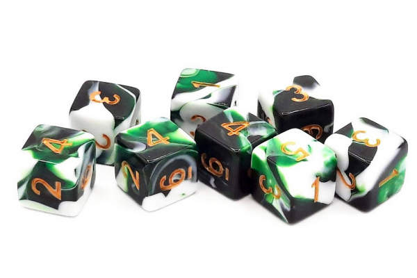 Old School RPG Dice Set: 16mm Vorpal d6 - Green & White w/ Gold (8ct)