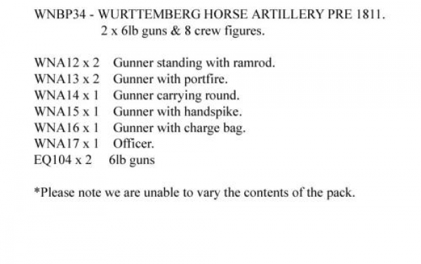 Front Rank Miniatures: WNBP34 Wurttemberg Horse Artillery Pre 1811 - 6lb Guns X 2 And 8 Crew Figures