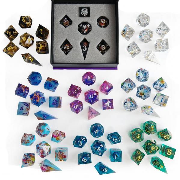 Mystery Set of 7 Hand Sanded Sharp Edge Resin Polyhedral RPG Dice