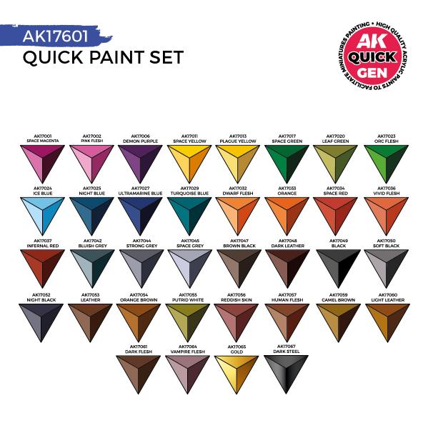 AK-Interactive: Quick Gen Acrylic Contrast -Quick Paint Set 36 Quick Gen Colors (2 Brushes)