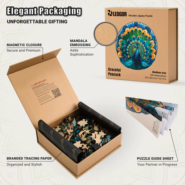 200 Piece Wooden Jigsaw Puzzle for Adults - Wood Peacock Puzzle (12 x 12 in)