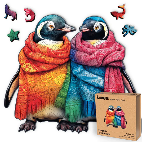 200 Piece Wooden Jigsaw Puzzle for Adults with Animal Shaped Pieces, Penguin Puzzle (12.8 x 11.4 in)