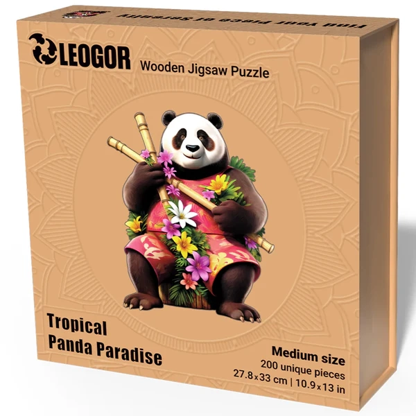 200 Piece Wooden Jigsaw Puzzle for Adults with Unique Shaped Pieces, Tropical Panda Puzzle (11x13)