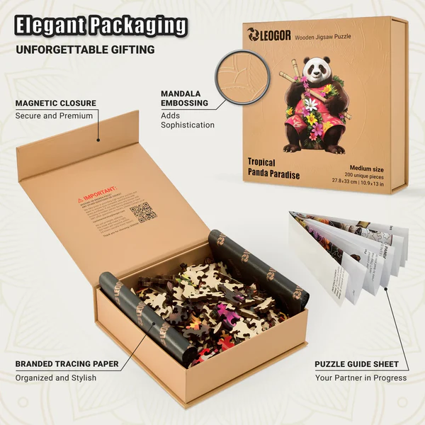 200 Piece Wooden Jigsaw Puzzle for Adults with Unique Shaped Pieces, Tropical Panda Puzzle (11x13)