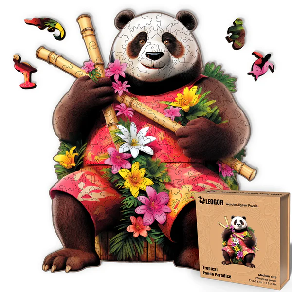 200 Piece Wooden Jigsaw Puzzle for Adults with Unique Shaped Pieces, Tropical Panda Puzzle (11x13)