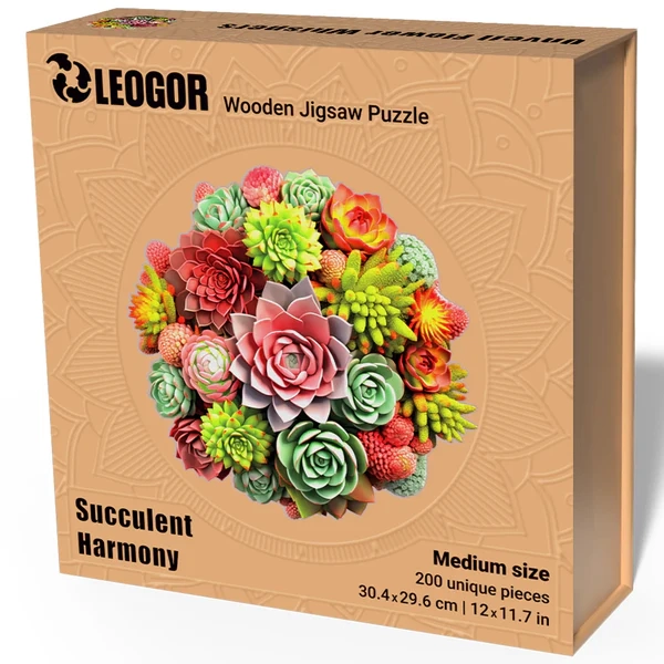 200 Piece Wooden Jigsaw Puzzle for Adults with Animal Shaped Pieces, Succulent Puzzle (12 x 11.7 in)
