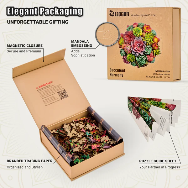200 Piece Wooden Jigsaw Puzzle for Adults with Animal Shaped Pieces, Succulent Puzzle (12 x 11.7 in)
