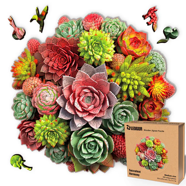 200 Piece Wooden Jigsaw Puzzle for Adults with Animal Shaped Pieces, Succulent Puzzle (12 x 11.7 in)