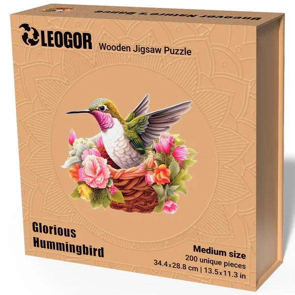 200 Piece Wooden Jigsaw Puzzle for Adults with Animal Shaped Pieces, Glorious Hummingbird Puzzle (
