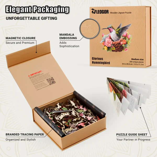 200 Piece Wooden Jigsaw Puzzle for Adults with Animal Shaped Pieces, Glorious Hummingbird Puzzle (