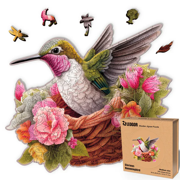 200 Piece Wooden Jigsaw Puzzle for Adults with Animal Shaped Pieces, Glorious Hummingbird Puzzle (