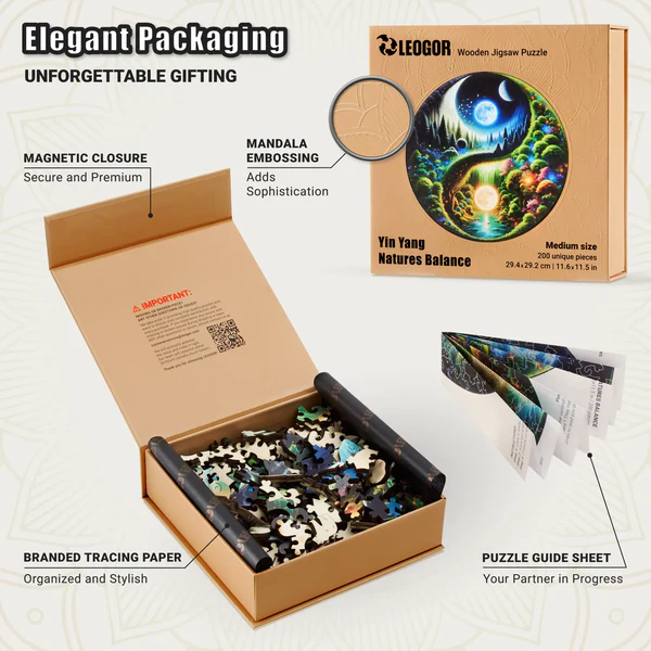 200 Piece Yin Yang Wooden Jigsaw Puzzle for Adults with Unique Shaped Pieces (11.6 x 11.5 in)