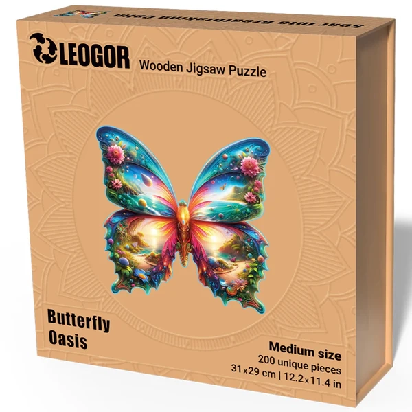 200 Piece Wooden Puzzle for Adults with Unique Shaped Pieces, Butterfly Puzzle (12.2 x 11.4 in)