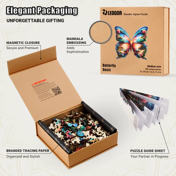 200 Piece Wooden Puzzle for Adults with Unique Shaped Pieces, Butterfly Puzzle (12.2 x 11.4 in)