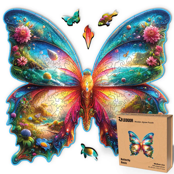 200 Piece Wooden Puzzle for Adults with Unique Shaped Pieces, Butterfly Puzzle (12.2 x 11.4 in)