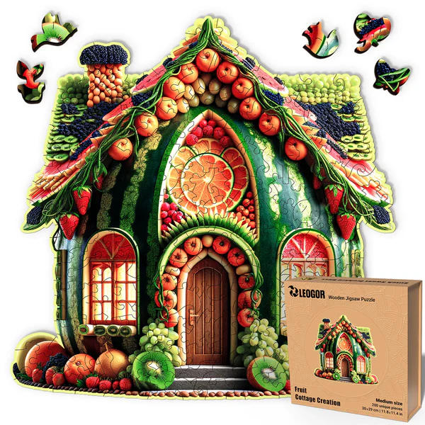 200 Piece Wooden Jigsaw Puzzle for Adults with Unique Shaped Pieces, Fruit House Puzzle (11.8 x 11.4