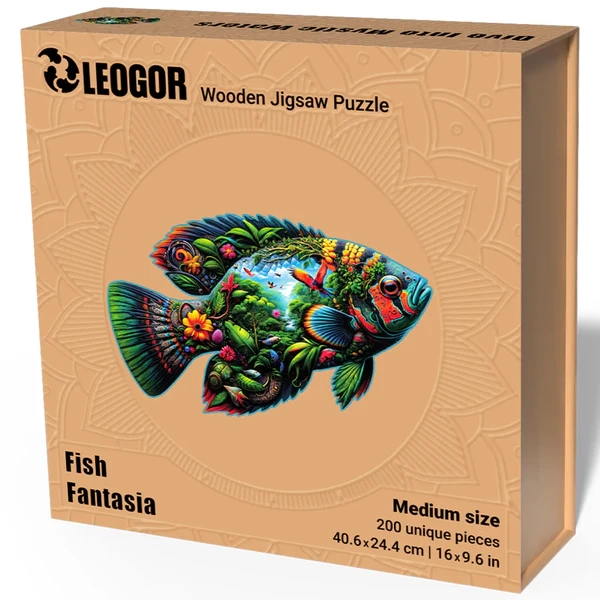 200 Piece Wooden Jigsaw Puzzle with Animal Shaped Pieces, Fish Fantasia Wood Puzzle for Adults (16 x