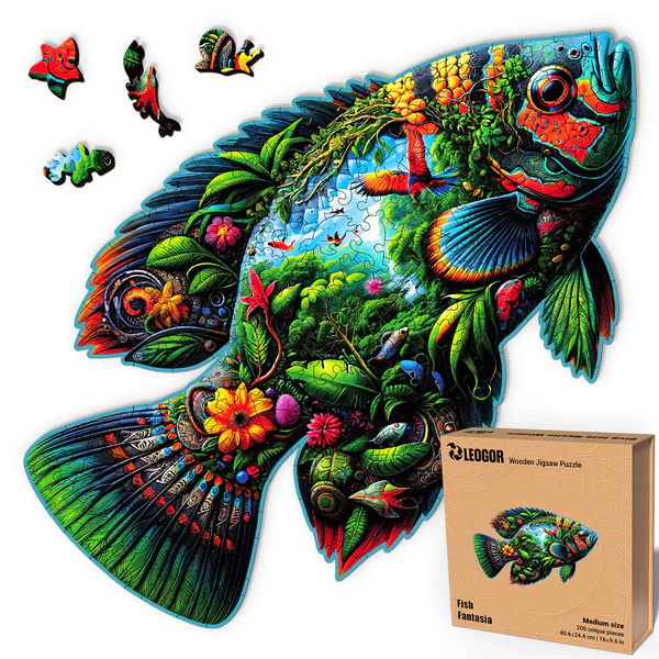 200 Piece Wooden Jigsaw Puzzle with Animal Shaped Pieces, Fish Fantasia Wood Puzzle for Adults (16 x