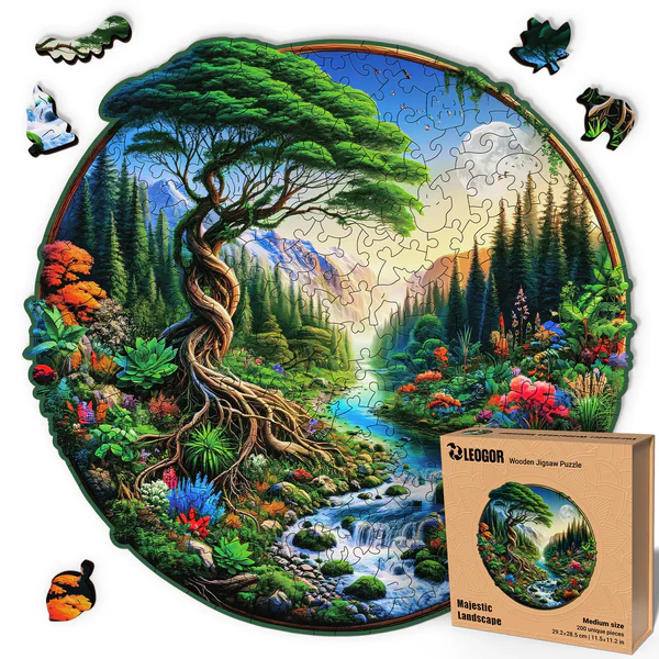 200 Piece Wooden Jigsaw Puzzle for Adults with Animal Shaped Pieces, Majestic Landscape Puzzle (11.5