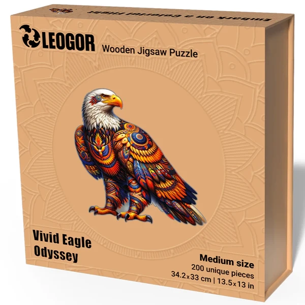 200 Piece Wooden Jigsaw Puzzle for Adults with Animal Shaped Pieces - Vivid Eagle Odyssey (13.5 x 13
