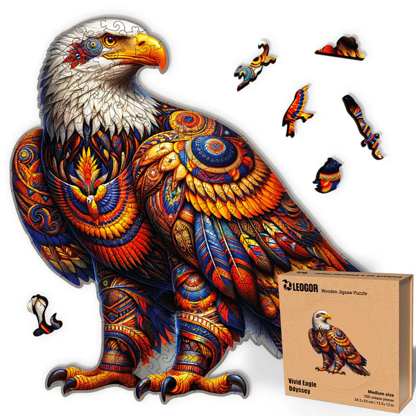 200 Piece Wooden Jigsaw Puzzle for Adults with Animal Shaped Pieces - Vivid Eagle Odyssey (13.5 x 13