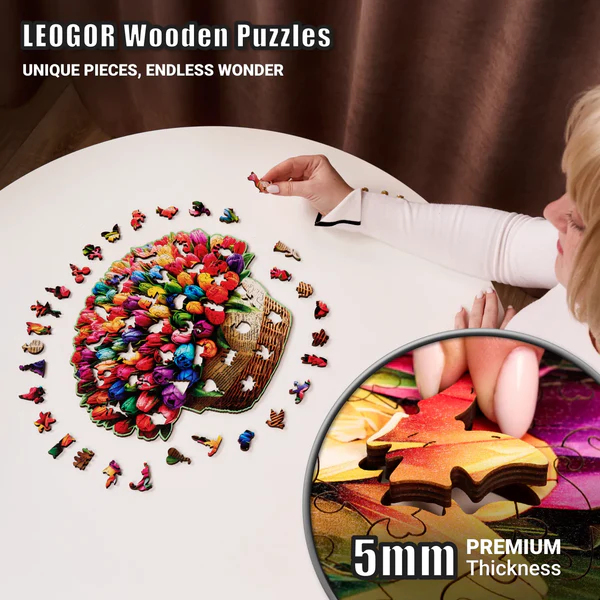 200 Piece Wooden Jigsaw Puzzle for Adults with Animal Shaped Pieces, Flowers Rainbow Puzzle (13 x 10
