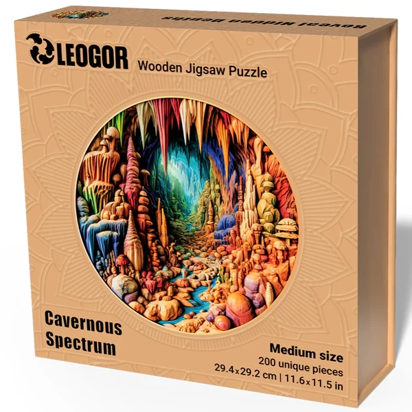 200 Piece Wooden Jigsaw Puzzle for Adults with Animal Shaped Pieces, Round Cave Puzzle with 3D Vissi