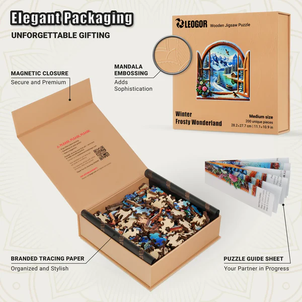 200 Piece Wooden Jigsaw Puzzle for Adults with Unique Shaped Pieces, Winter Puzzle (11.1 x 10.9 in)
