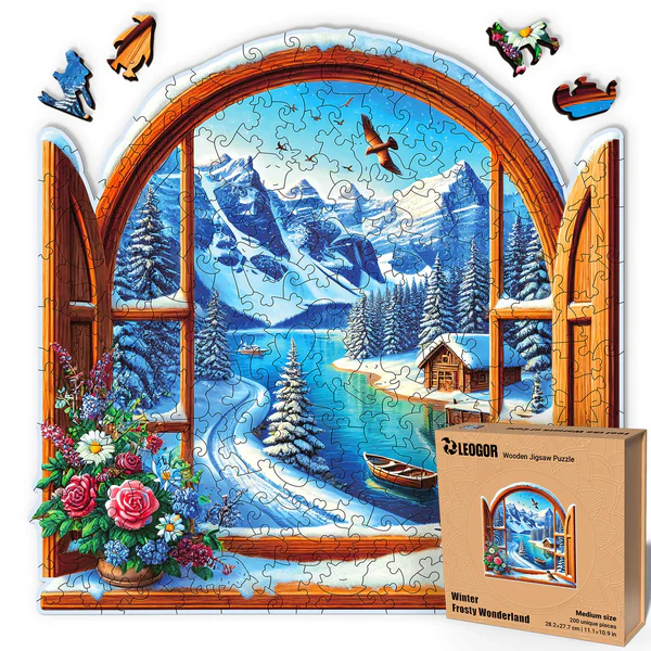 200 Piece Wooden Jigsaw Puzzle for Adults with Unique Shaped Pieces, Winter Puzzle (11.1 x 10.9 in)