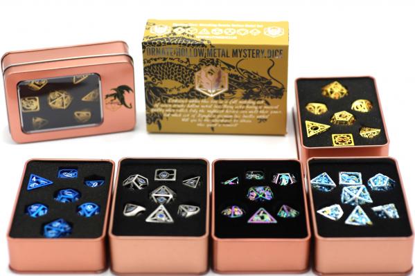 Filled Mystery Dice Sets Display - Hollow Metal Ornate Sets