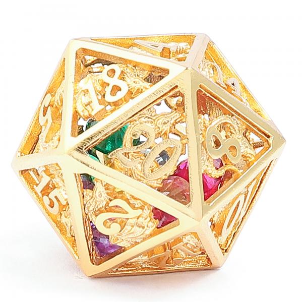 Hollow Metal Dragon Dice Set filled with gems - 24k gold plated
