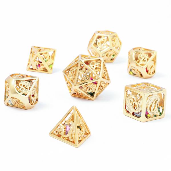 Hollow Metal Dragon Dice Set filled with gems - 24k gold plated