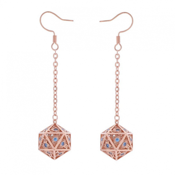 Dragon's Eye D20 Earrings - Rose Gold with Blue Gems