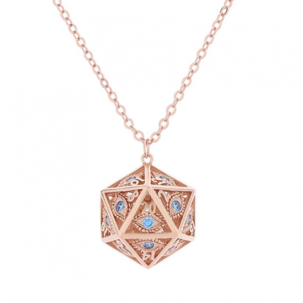 Dragon's Eye D20 Necklace - Rose Gold with Blue Gems
