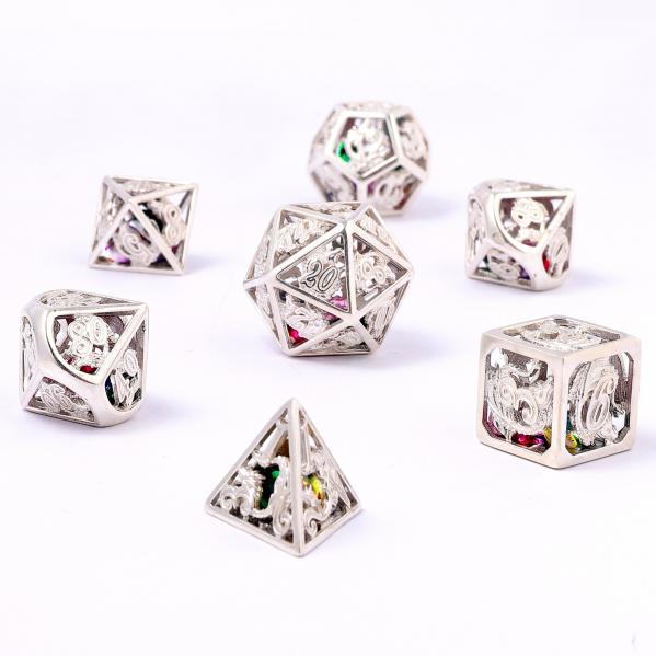 Hollow Dragon Dice Set filled with gems - Sterling Silver