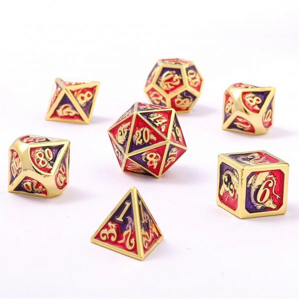 Solid Metal Dragon Dice - gold w/Red & Purple